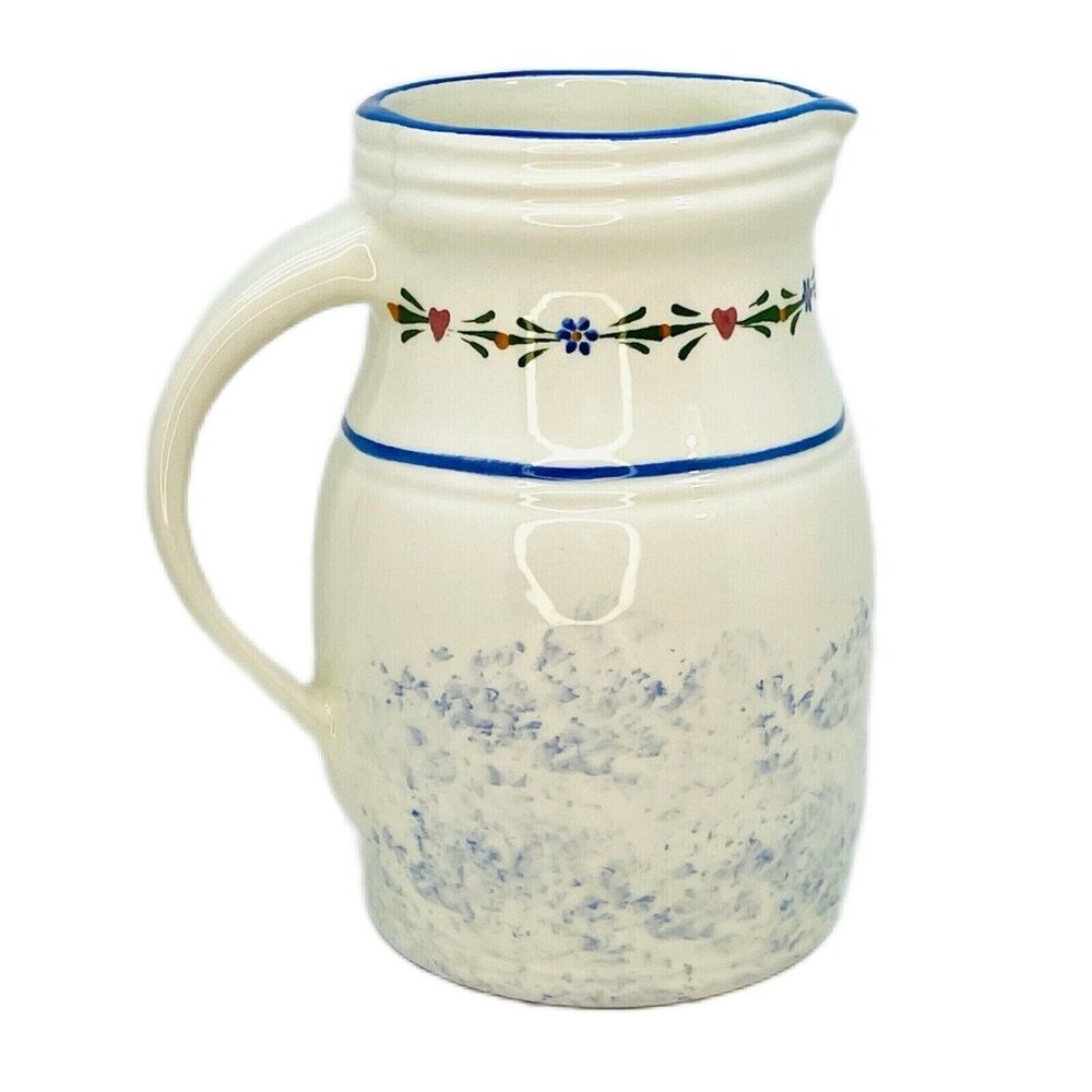 Jo-Chen Blue White Pottery Pitcher Hand Painted Blue Trim Red Hearts USA